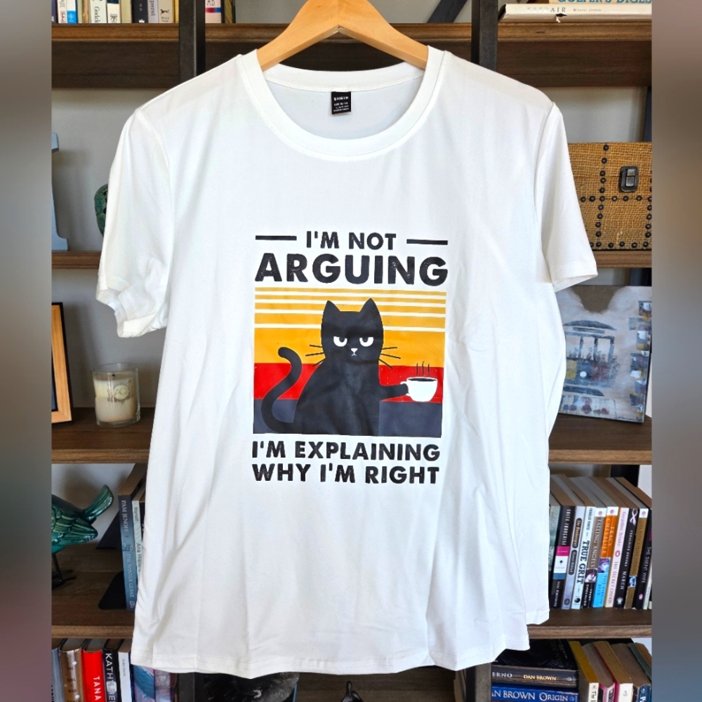 NWT - White Graphic Cat T-Shirt, Size Large